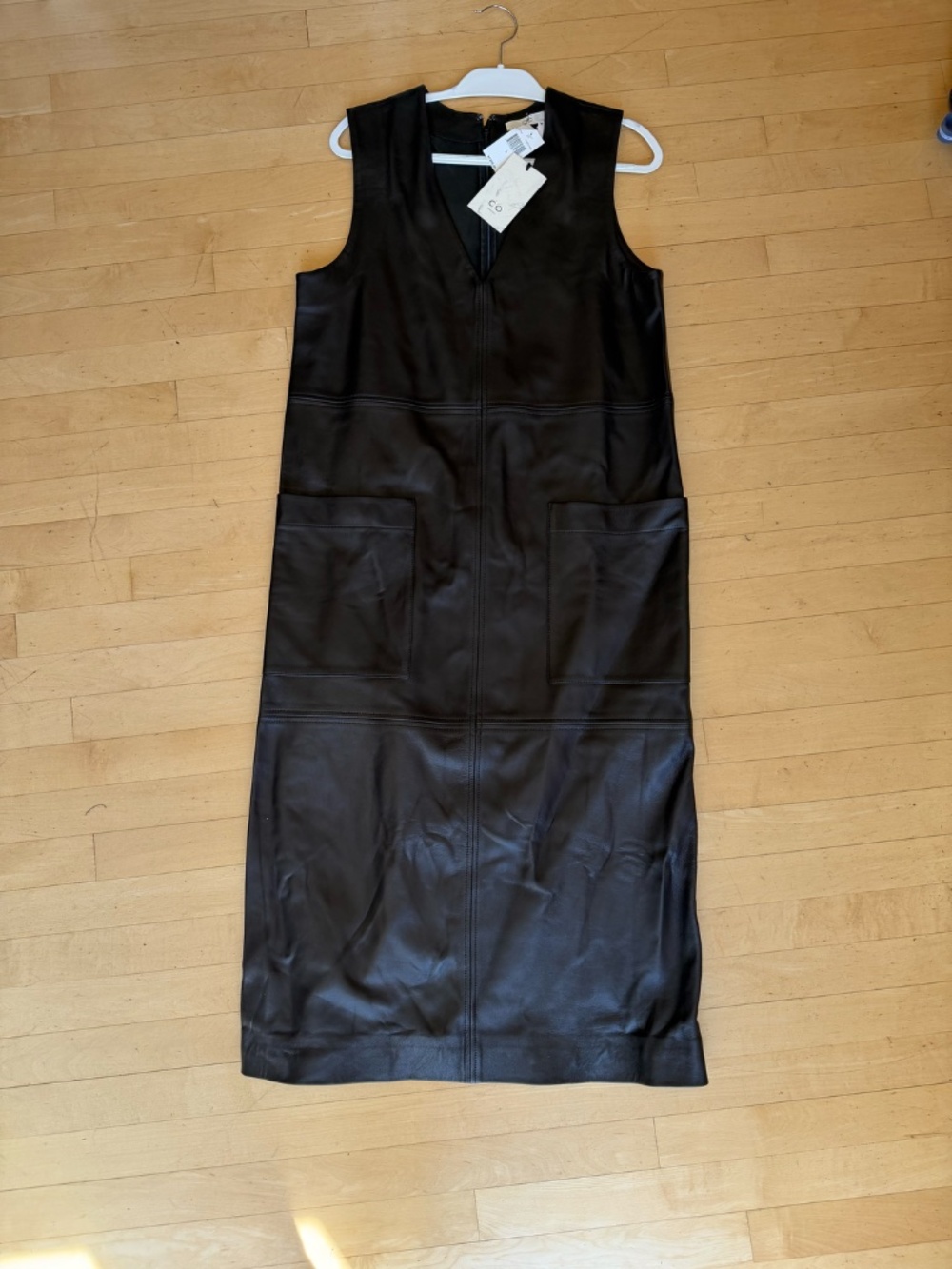 NEW CO black leather V neck midi dress, L, GP1526 - Picture 2 of 5